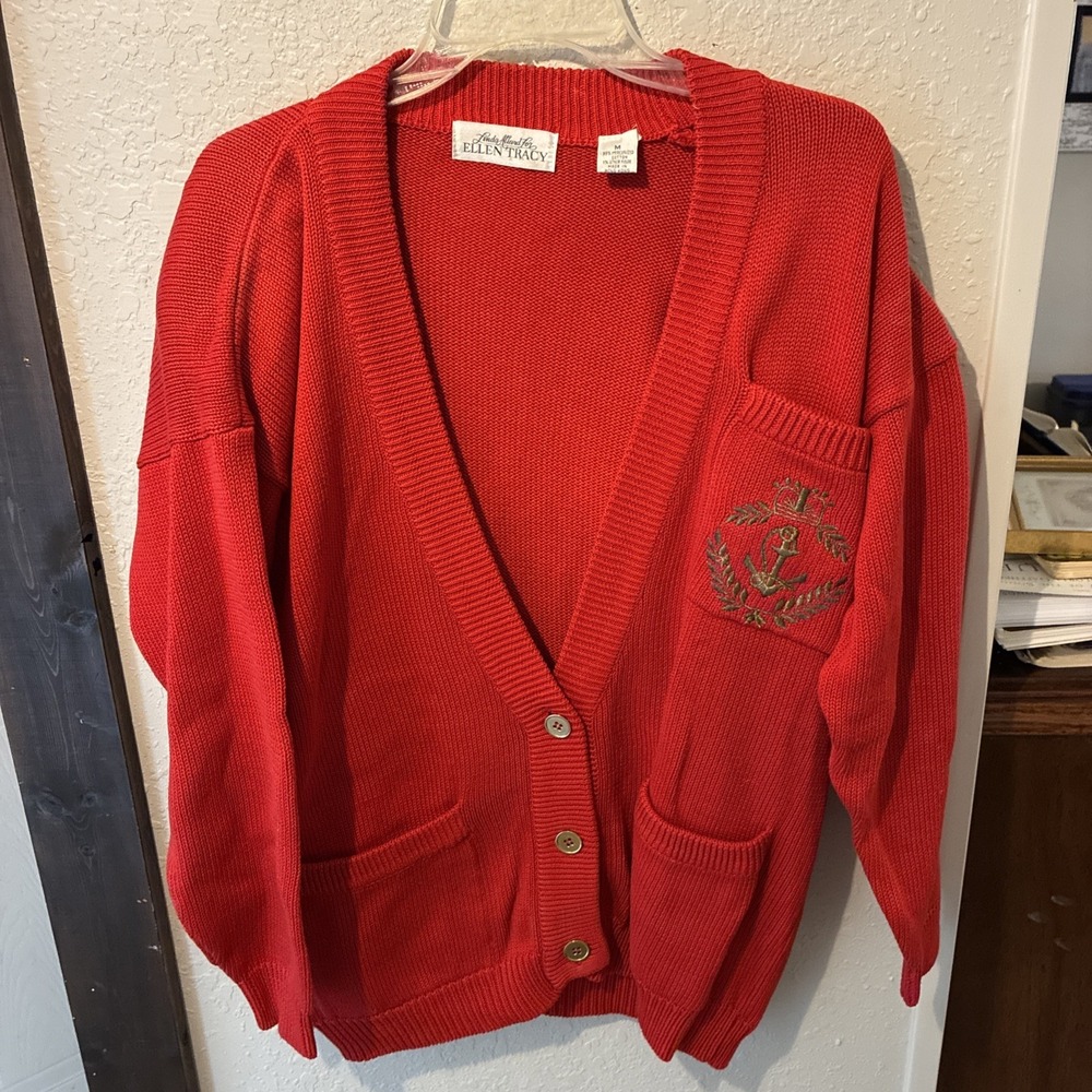 vtg linda allard ellen tracy sweater button up red Med Anchor Embroidery Pocket